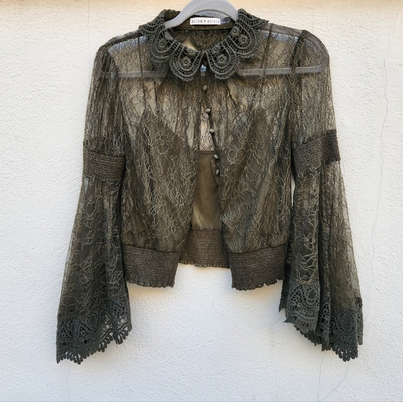 Alice + Olivia Millie Bell-Sleeve Crochet Collared Top - Picture 4 of 10